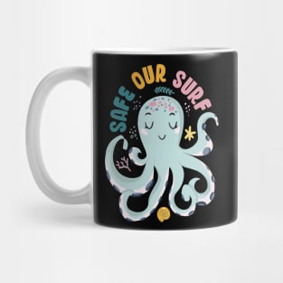 Safe our Surf quote with cute sea animal octopus, starfish, coral and shell aesthetic pastel color illustration. Mug